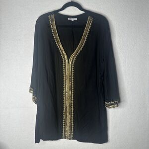 Mira black tunic top gold beaded embellishments boho chic festival size XL